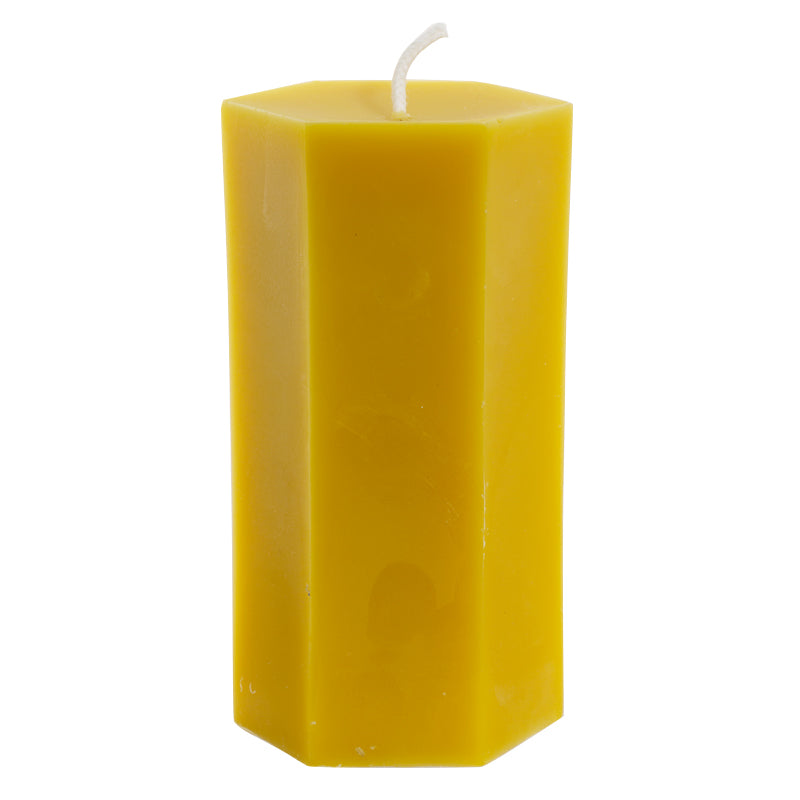 Beeswax candle hexagonal pillar medium 6" H x 2.88"W front view