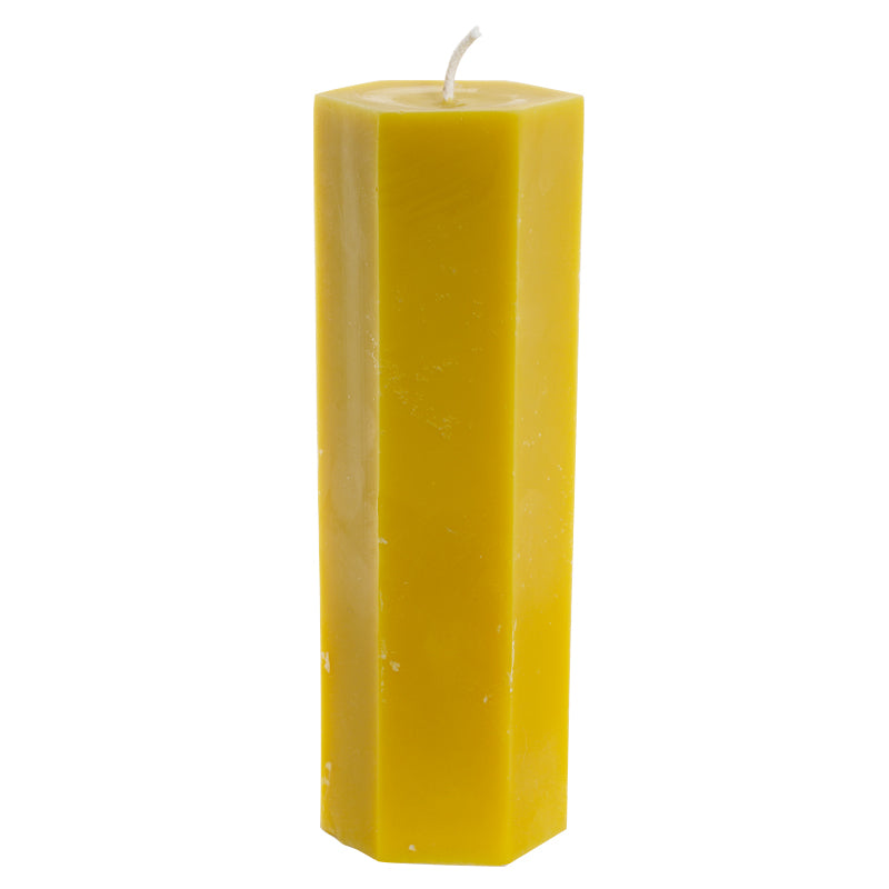 Beeswax candle hexagonal pillar large 9.5"H x 2.88"W front view