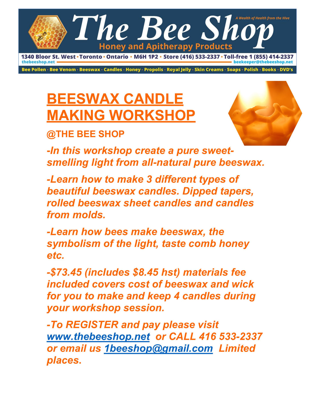 General information flyer for the beeswax candle making workshops held at The Bee Shop front view