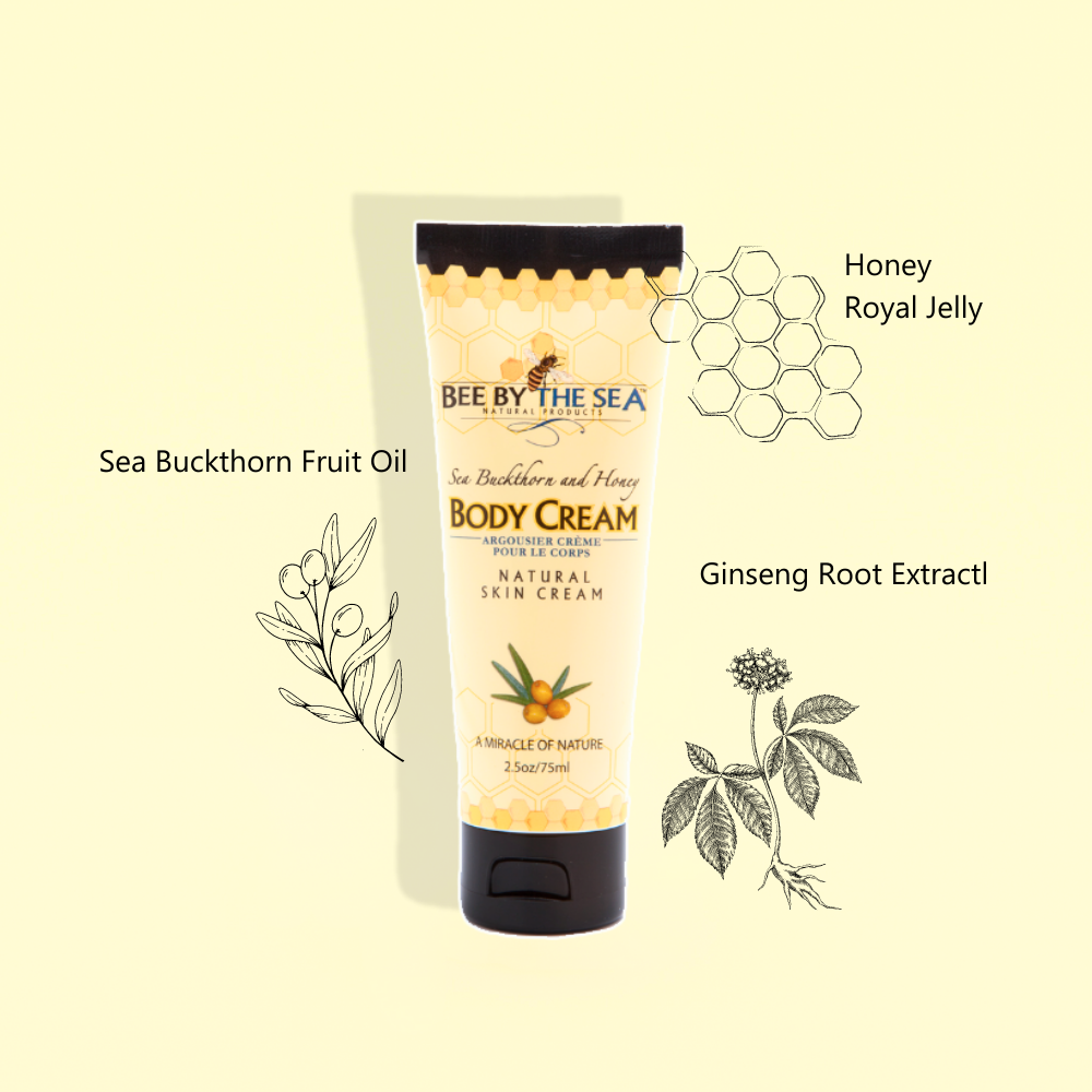 Bee by the sea body cream 75ml front view with ingredients illustration