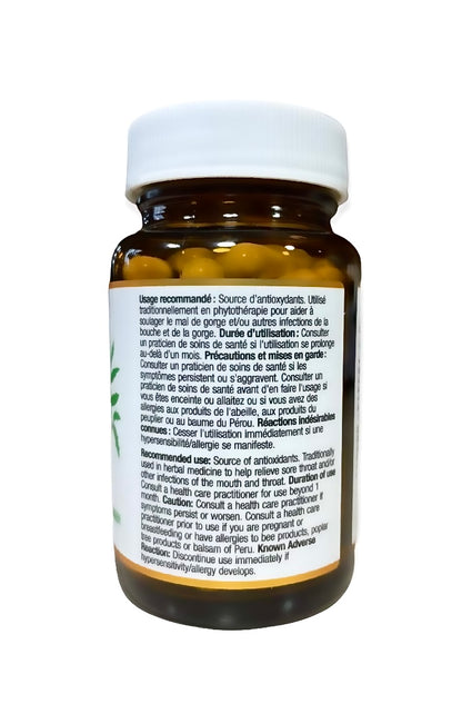 Green Baccharis Propolis Capsules 50 count by Happy Culture Bee O Pharm rear view with recommended use indications