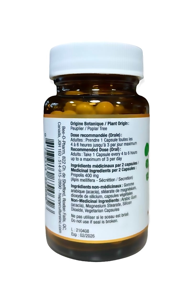 Brown poplar propolis capsules 50 count  by happy culture bee o pharm rear view with dosage and ingredients visible