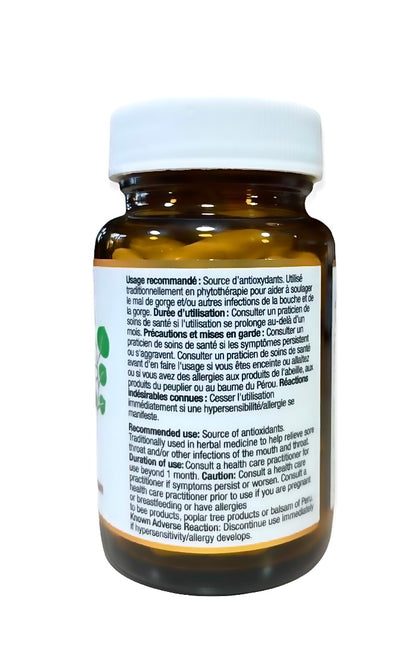 Brown Poplar Propolis capsules 50 count by happy culture bee o pharm rear view of directions