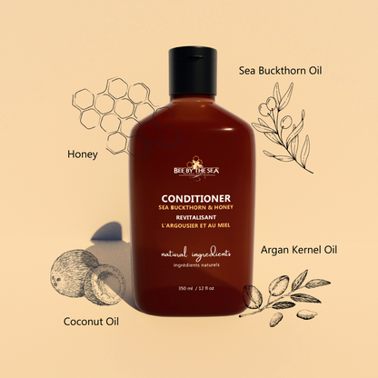 Bee by the sea conditioner with sea buckthorn and honey 12 oz / 350ml front view with ingredient illustrations