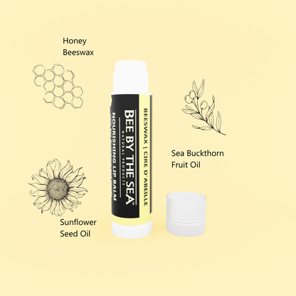 Bee by the sea lip balm with beeswax 0.15oz / 4.25gr front view new label verical position background ingredients illustration