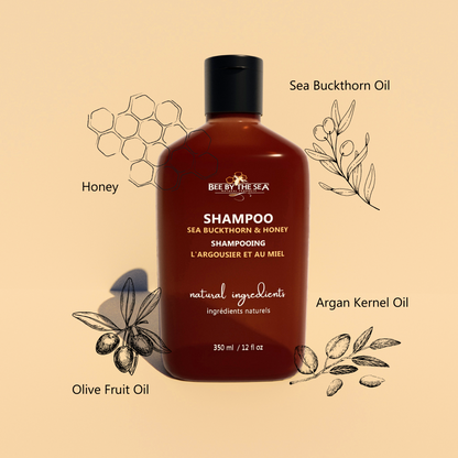 Bee by the sea shampoo with sea buckthorn and honey 12 oz / 350ml front view with background ingredients illustration
