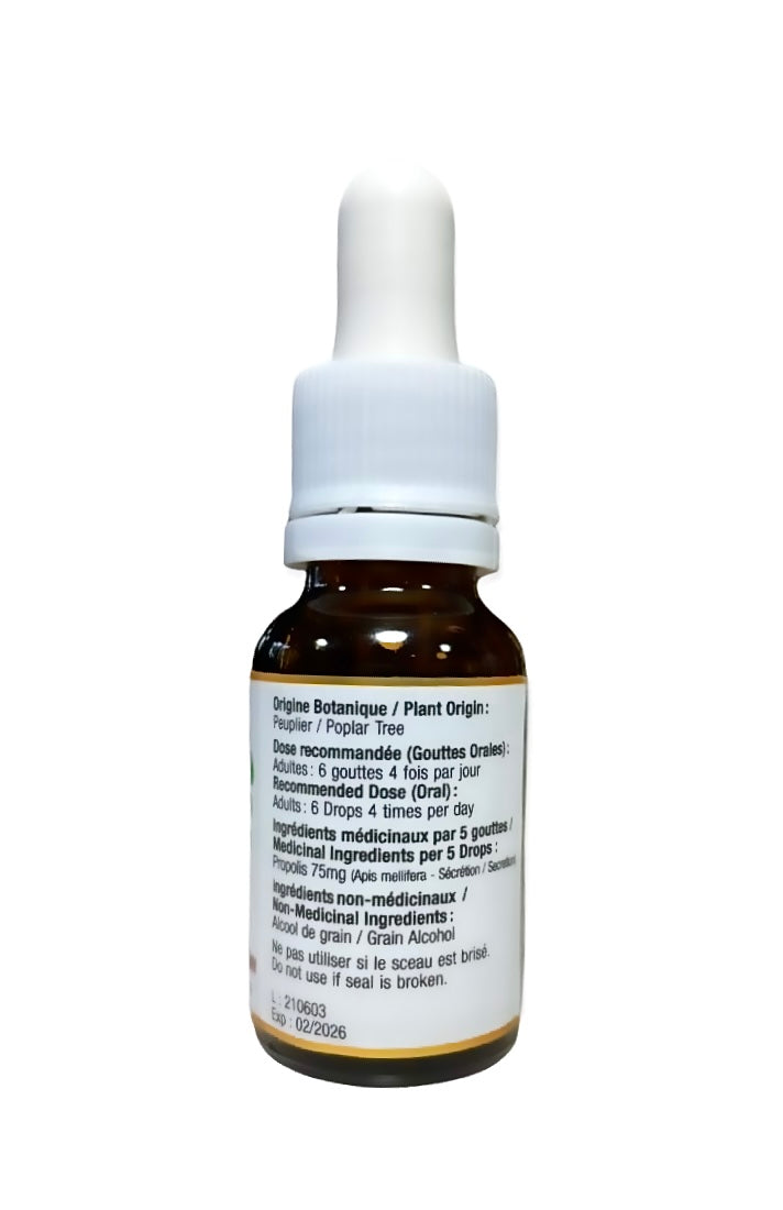 Brown Poplar Propolis Tincture 15 ml dropper by Happy Culture Bee O Pharm rear view with dosage instructions