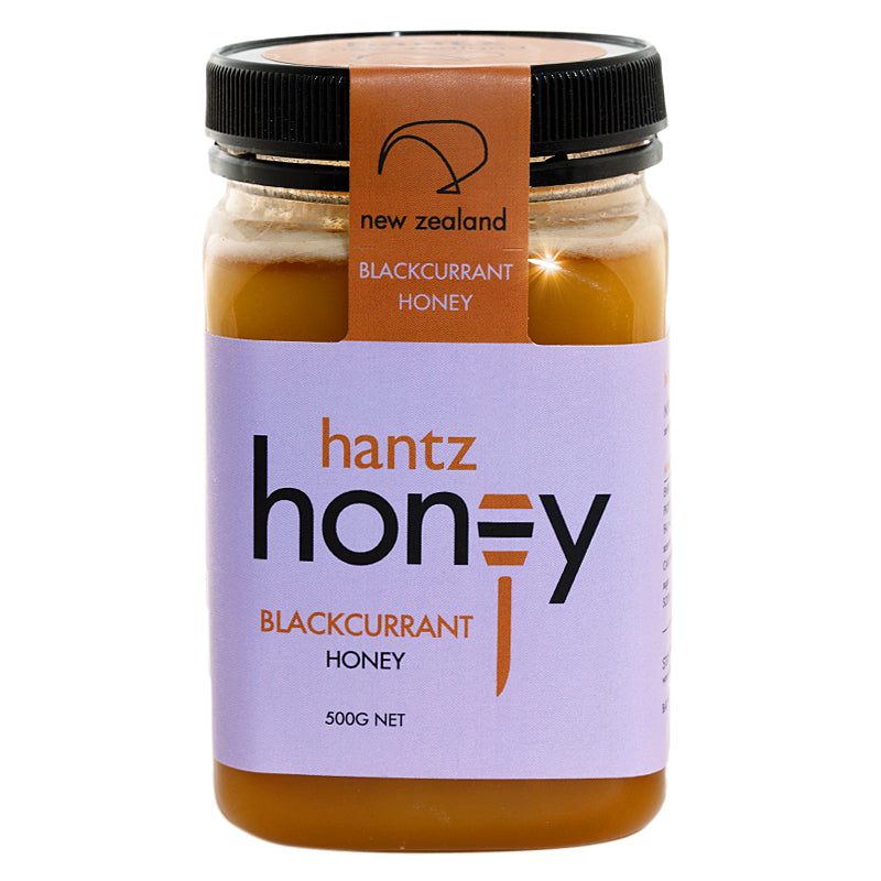 Blackcurrant honey 500gr by Hantz from New Zealand front view