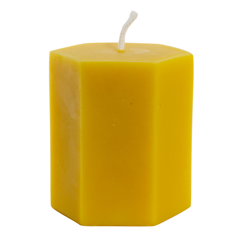 Beeswax candle hexagonal pillar small 3.5 &quot; h x 2.88 &quot; w front view