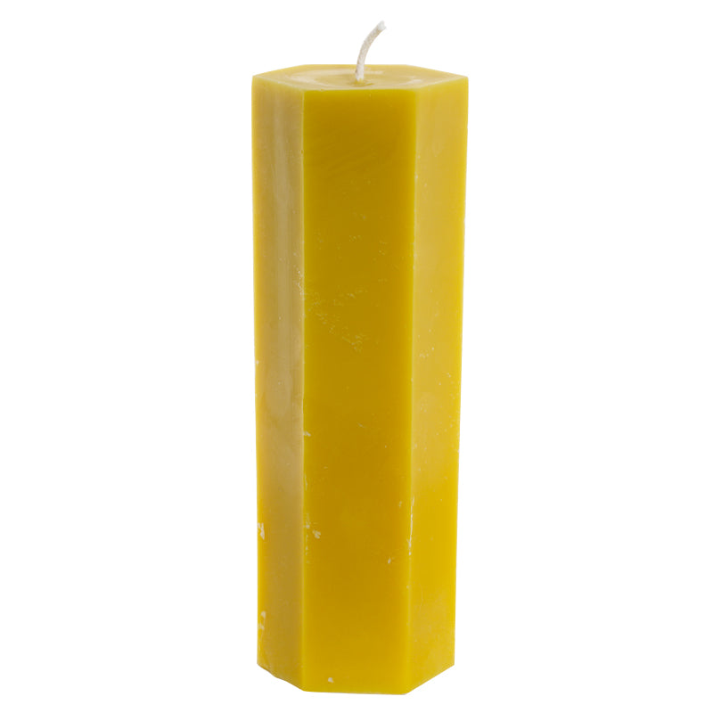 Beeswax candle hexagonal pillar large 9.5&quot;H x 2.88&quot;W front view