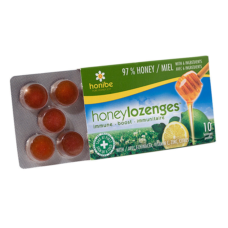 Honey Lozenges Immune Boost 10 per pack by Honibe front view with package half exposed