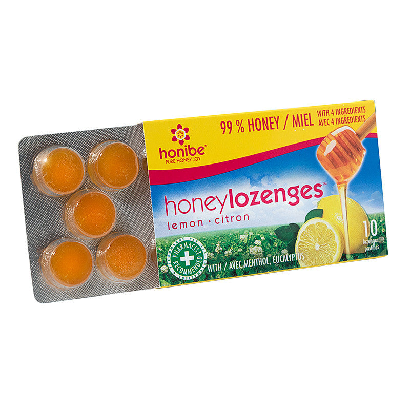 Honey Lozenges Lemon 10 per pack Honibe front view pack partially open