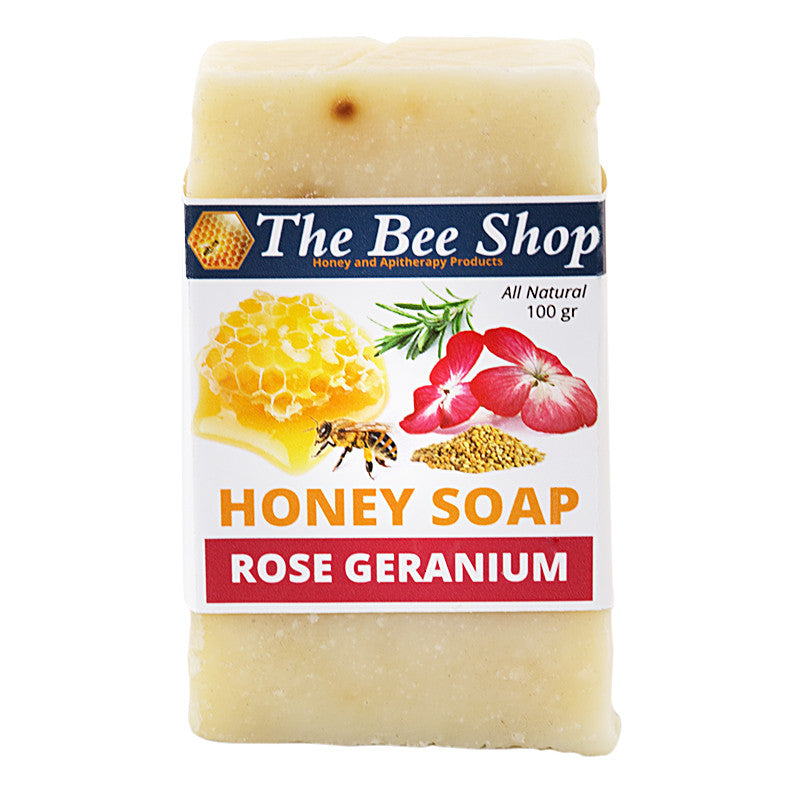 Honey Soap with Rose Geranium and Rosemary 100gr by The Bee Shop front view